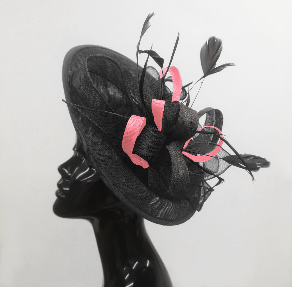 Caprilite Big Saucer Sinamay Black & Baby Pink Mixed Colour Fascinator On Headband