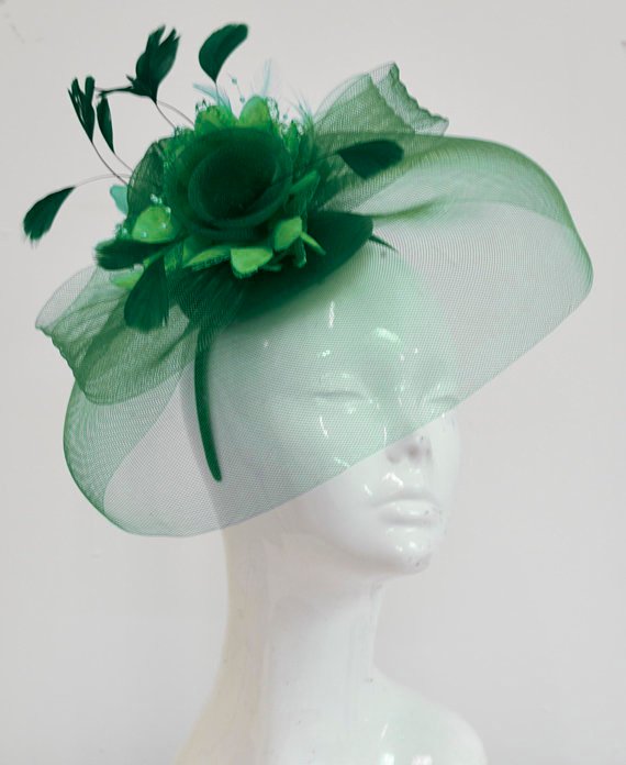 Pop Hat with Veil in Emerald Green and Jade on Headband Fascinator Hatinator