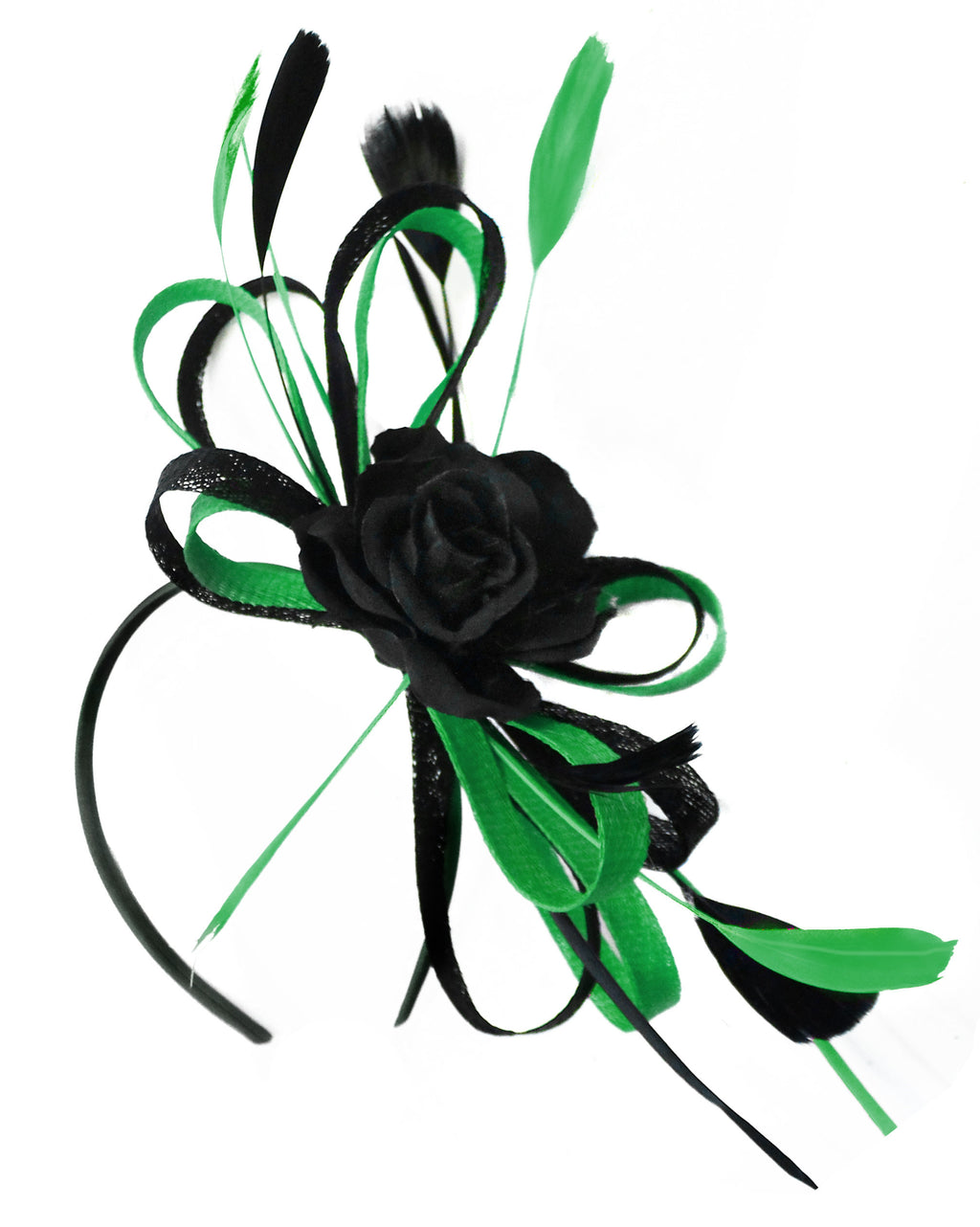 Caprilite Sinamay Rose Black and Green Fascinator on Headband Alice Band UK Wedding Ascot Races Loop