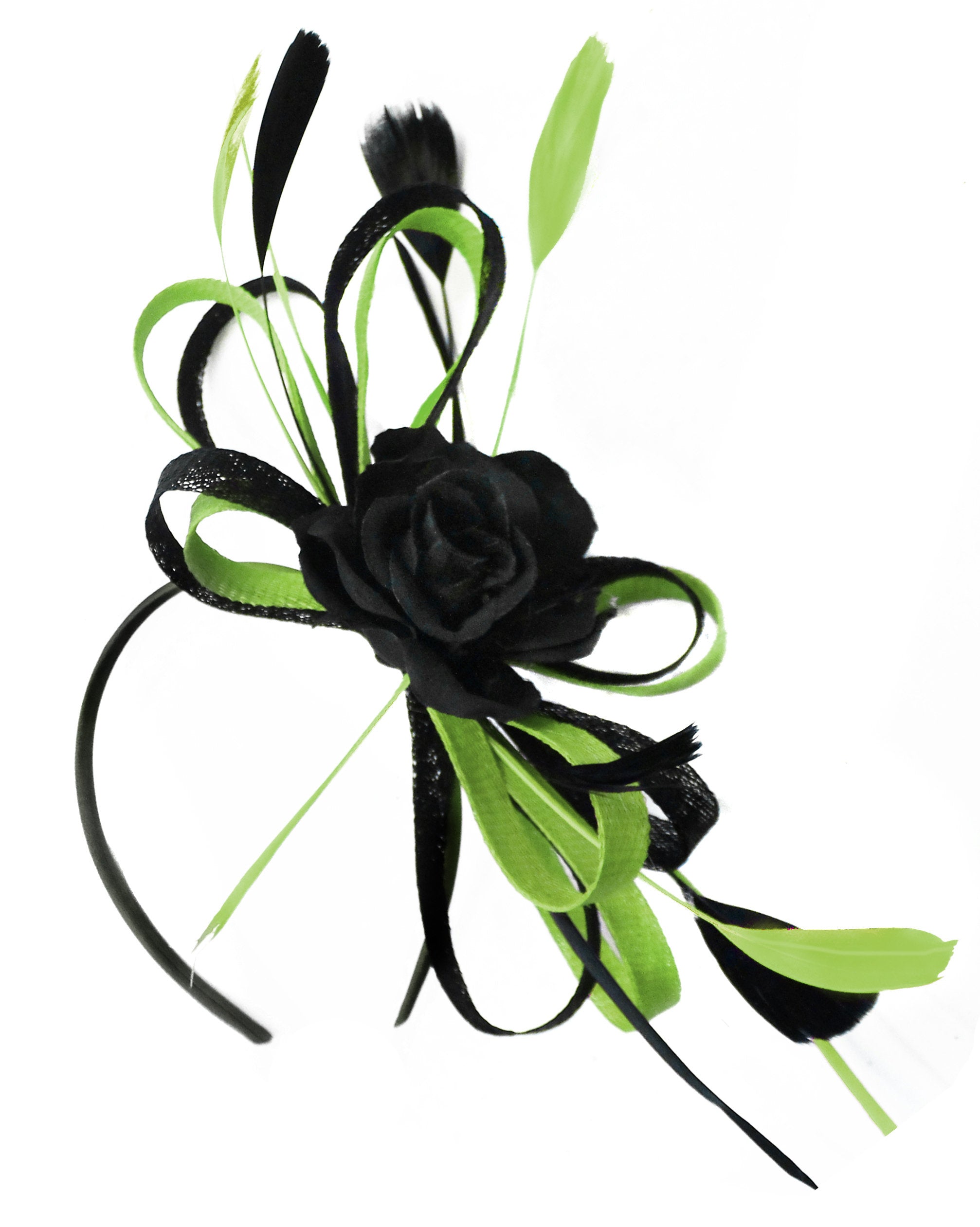 Caprilite Sinamay Rose Black and Lime Fascinator on Headband Alice Band UK Wedding Ascot Races Loop