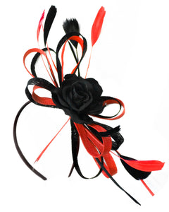 Caprilite Sinamay Rose Black and Scarlet Red Fascinator on Headband Alice Band UK Wedding Ascot Races Loop