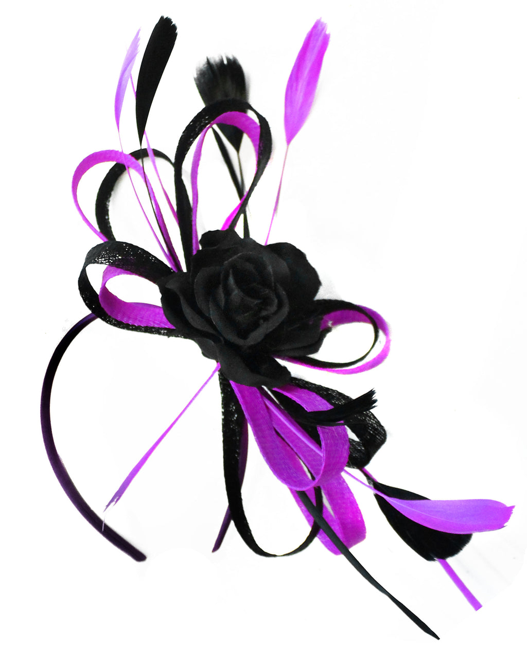 Caprilite Sinamay Rose Black and Cadbury Purple Fascinator on Headband Alice Band UK Wedding Ascot Races Loop