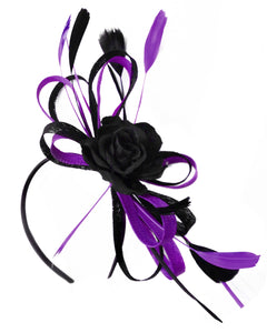 Caprilite Sinamay Rose Black and Dark Purple Fascinator on Headband Alice Band UK Wedding Ascot Races Loop