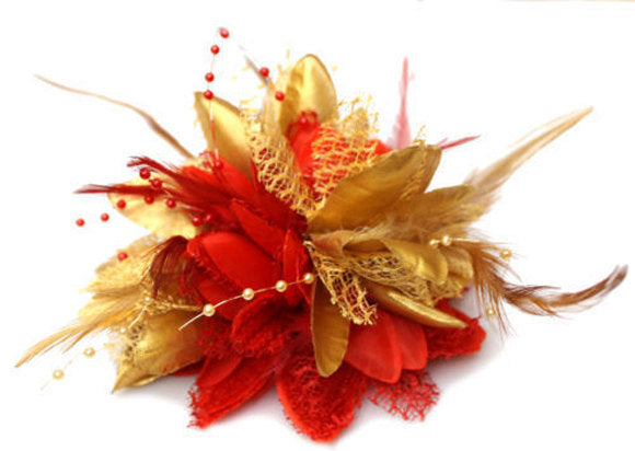 Caprilite Gold and Red Fascinator Black Headband Clip Comb Flower Corsage