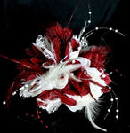 Caprilite White and Burgundy Fascinator Black Headband Clip or Comb Corsage Flower