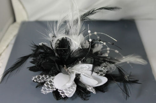 Caprilite Black and White Fascinator on Black Headband Flower Corsage