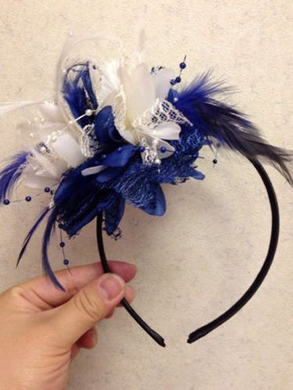 Caprilite Royal Blue and Cream Fascinator Black Headband Clip Comb Flower Corsage