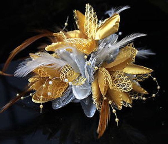 Caprilite Silver and Gold Fascinator Black Headband Clip Comb Flower Corsage