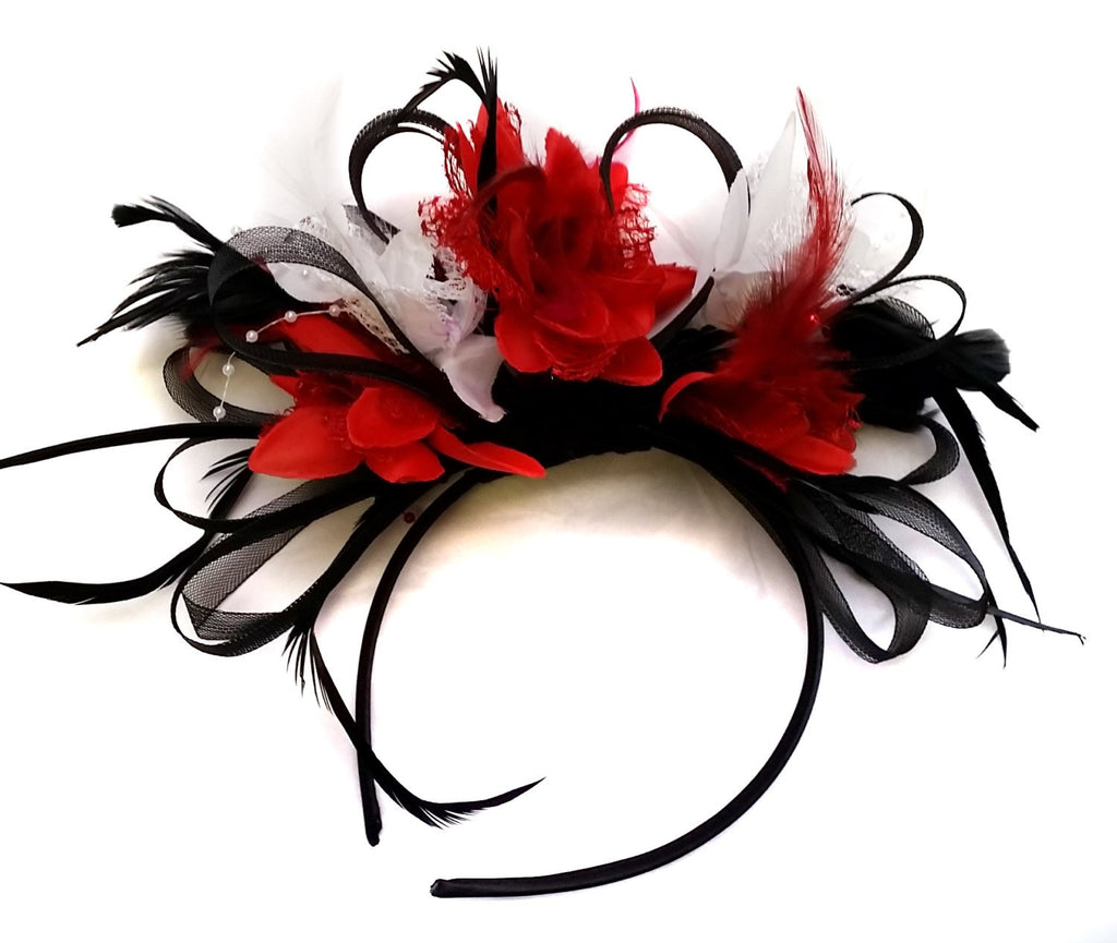 Caprilite Black Red & White Fascinator Headband Alice Band Wedding Ascot Races Loop Net