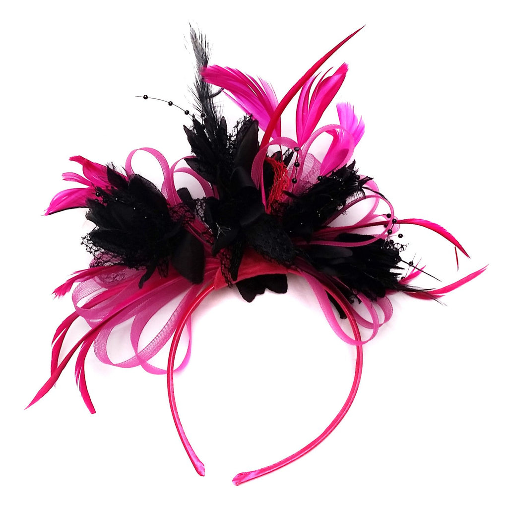 Caprilite Fuchsia Hot Pink and Black  Wedding Fascinator Headband  Alice Band Ascot Races Loop Net