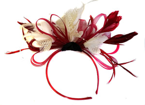 Caprilite Burgundy Wine Red & Cream Fascinator Headband Alice Band Wedding Ascot Races Loop Net