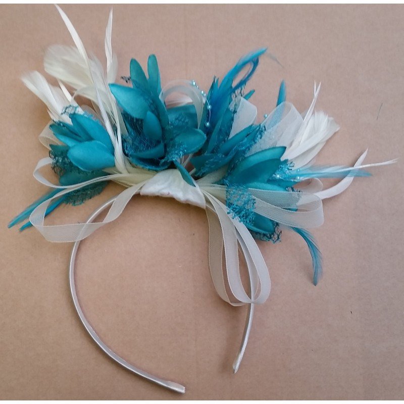 Caprilite Cream And Turquoise Fascinator Long Feathers On Headband