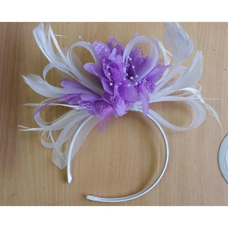 Caprilite Lilac Purple & White Hoop Fascinator Feathers On Headband