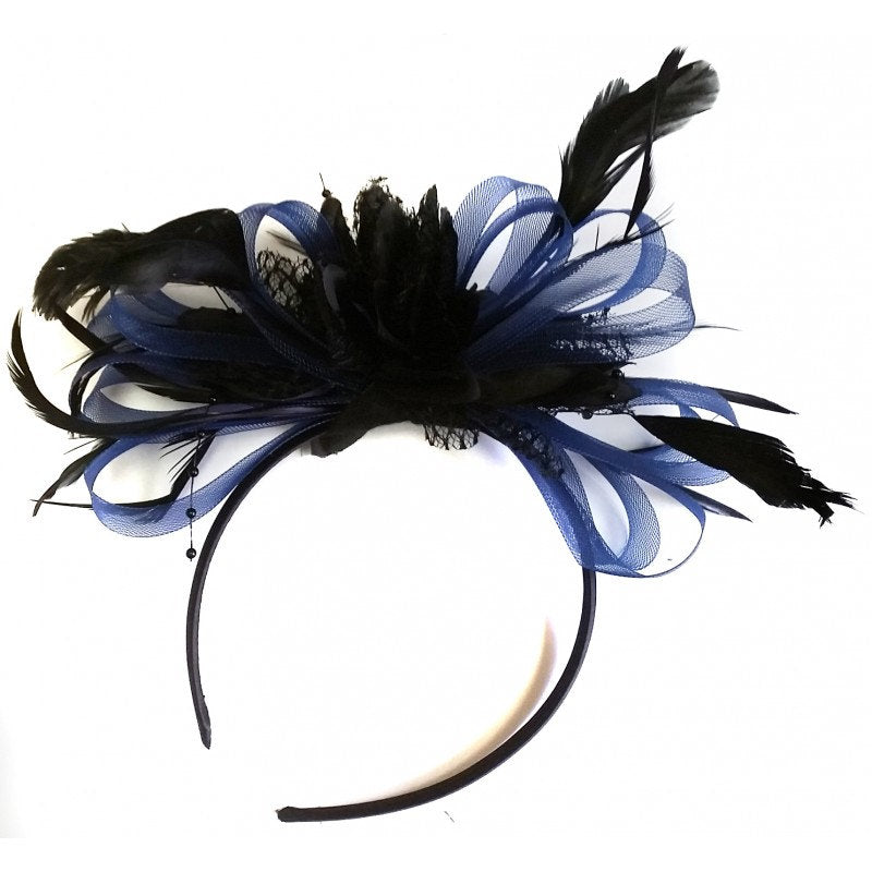 Caprilite Navy Blue Hoop & Black Feathers Fascinator On Headband