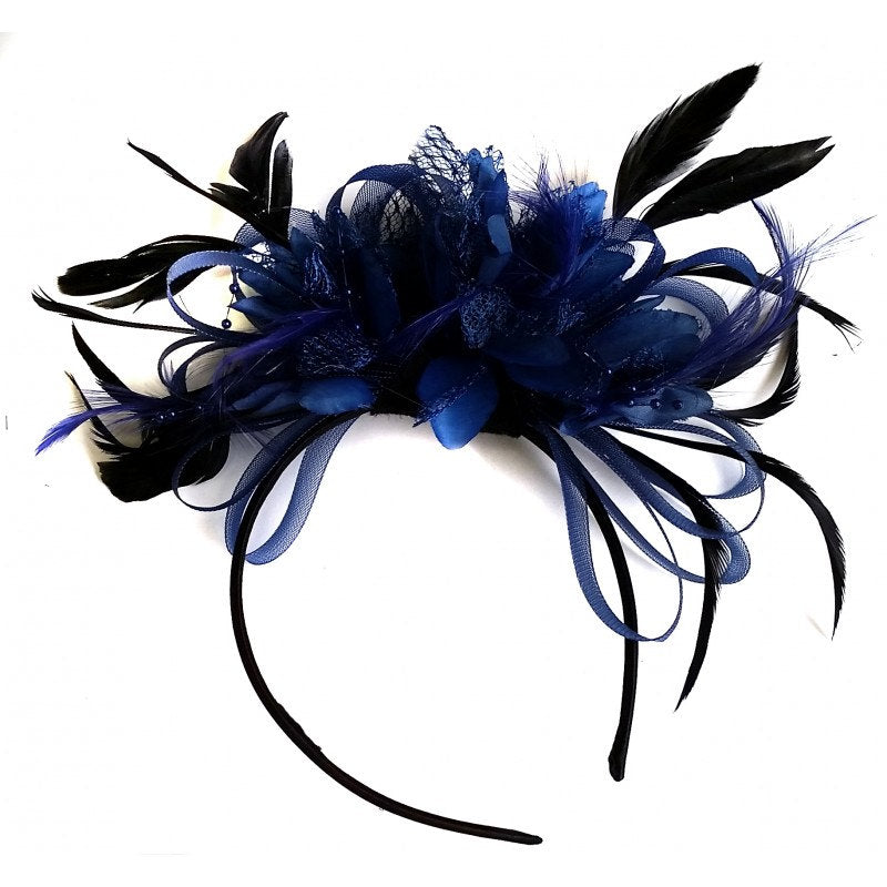 Caprilite Navy Blue Hoop Feathers Beads Fascinator On Headband