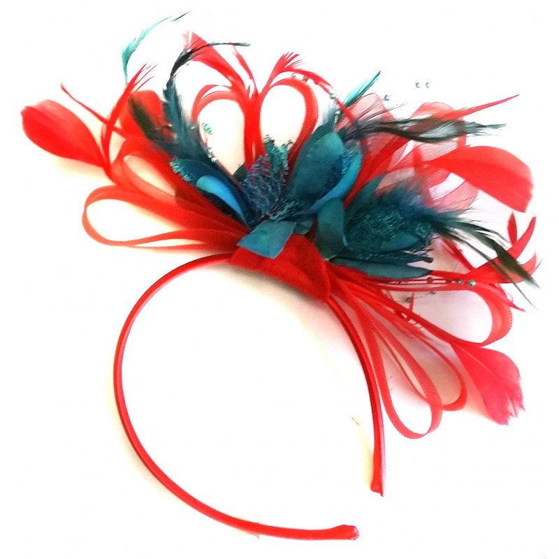 Caprilite Scarlet Red & Teal Feathers Fascinator On Headband