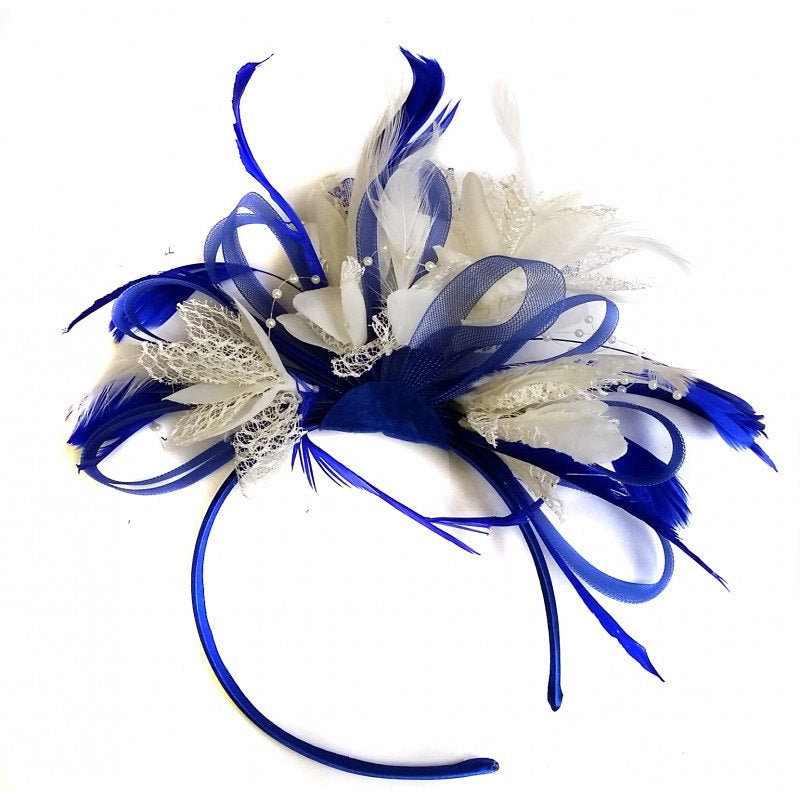 Caprilite Royal Blue & Cream Feathers Fascinator On Headband