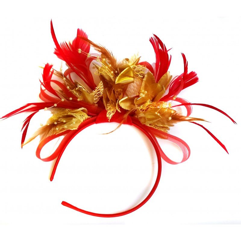 Caprilite Scarlet Red & Gold Feathers Fascinator On Headband