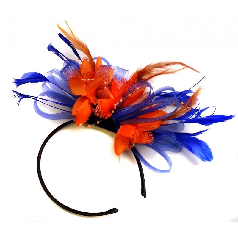 Caprilite Royal Blue & Orange Feathers Ascot Fascinator On Headband