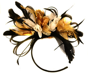 Caprilite Black Hoop & Gold and Cream Feathers Fascinator Headband Ascot Wedding