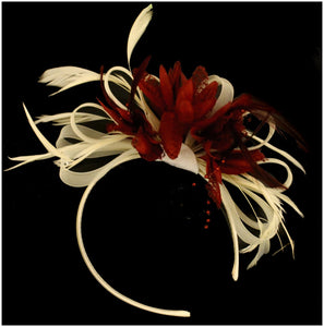 Caprilite Cream Hoop & Burgundy Feathers Fascinator Headband Ascot Wedding