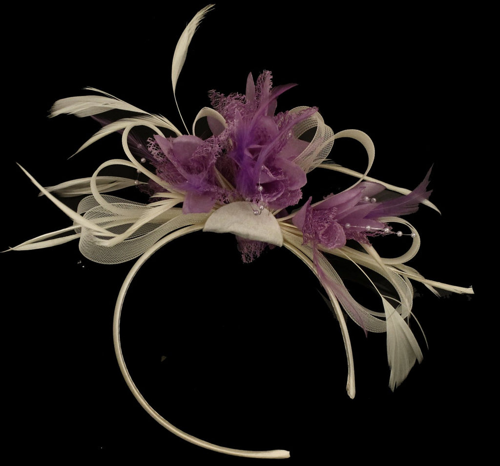 Caprilite Cream Hoop & Lilac Purple Feathers Fascinator On Headband for Weddings and Ascot Races