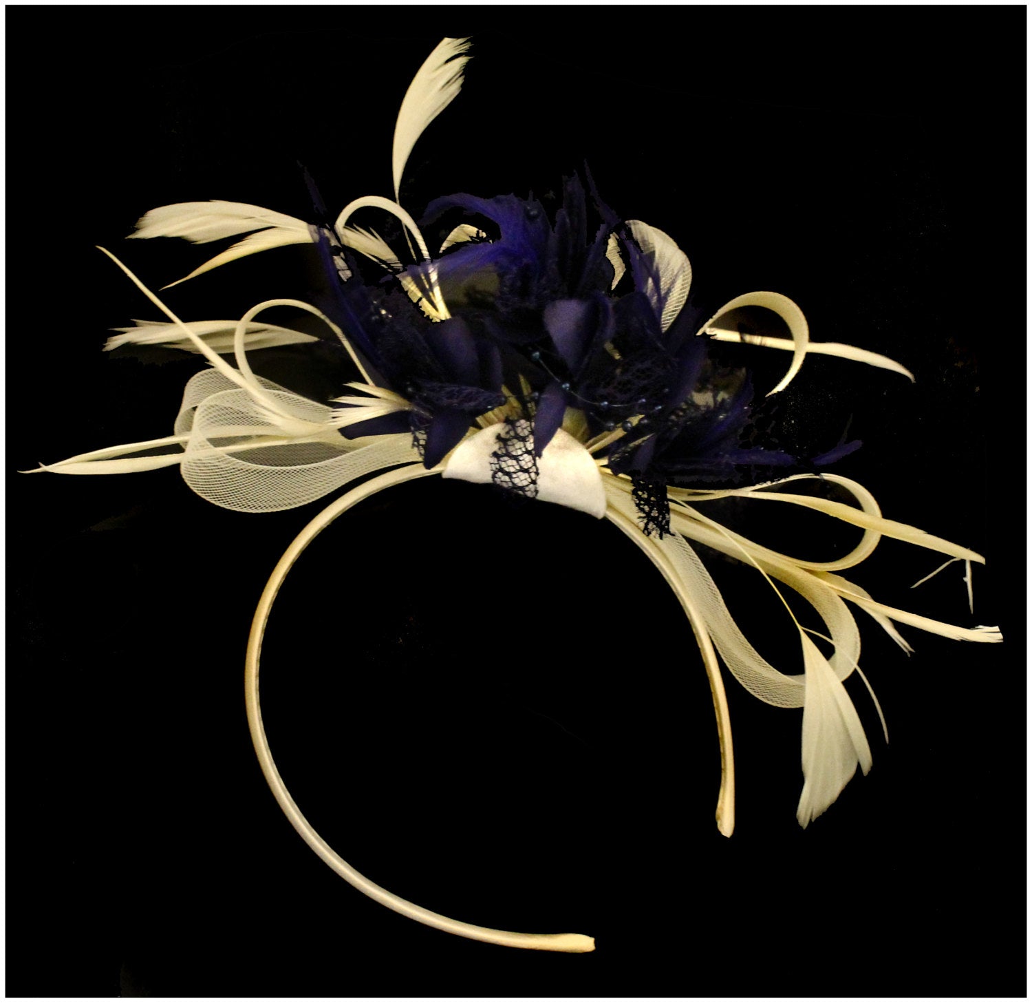 Caprilite Cream Hoop & Midnight Blue Feathers Fascinator On Headband for Weddings and Ascot Races