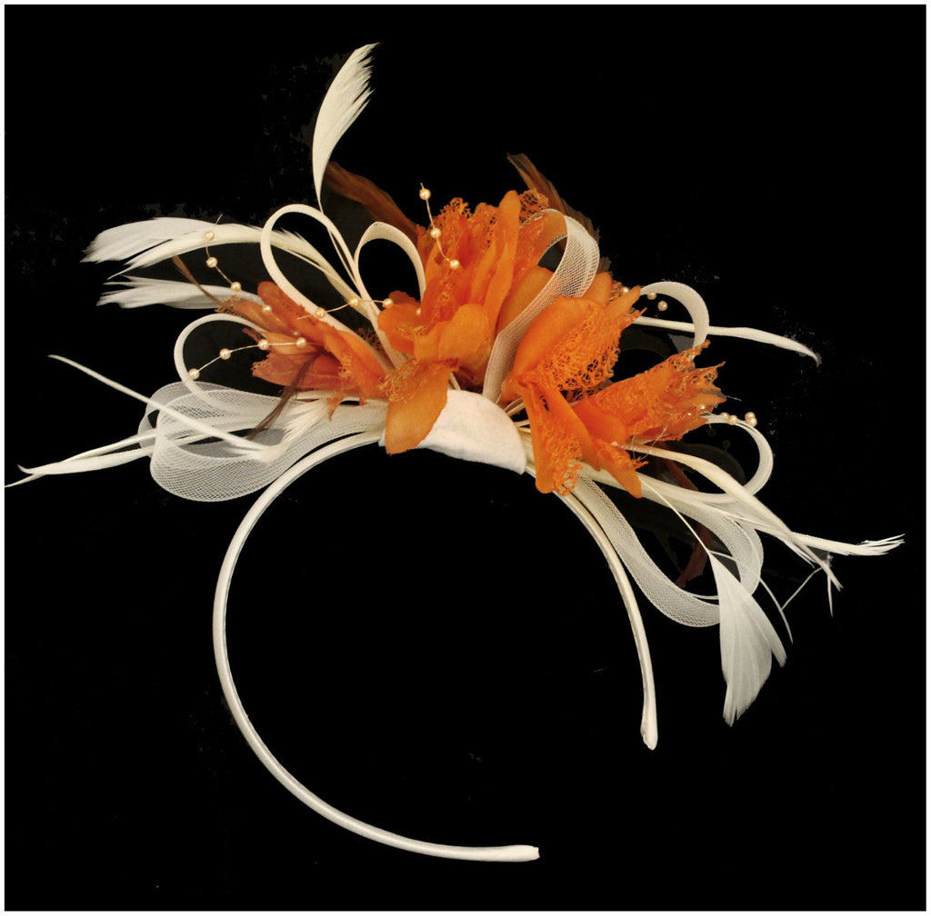 Caprilite Cream Hoop & Orange Feathers Fascinator On Headband for Weddings and Ascot Races