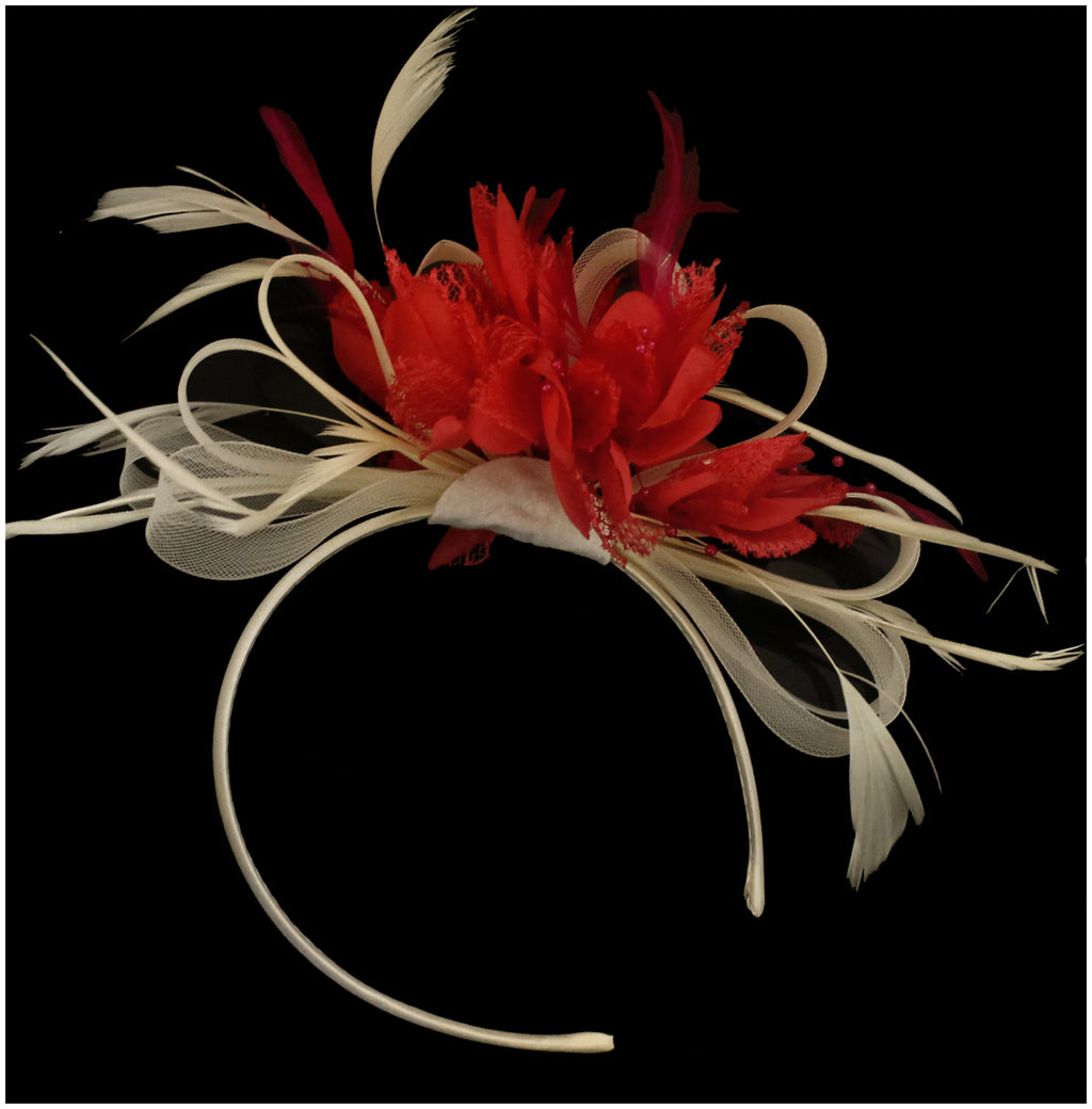 Caprilite Cream Hoop & Scarlet Red Feathers Fascinator On Headband for Weddings and Ascot Races