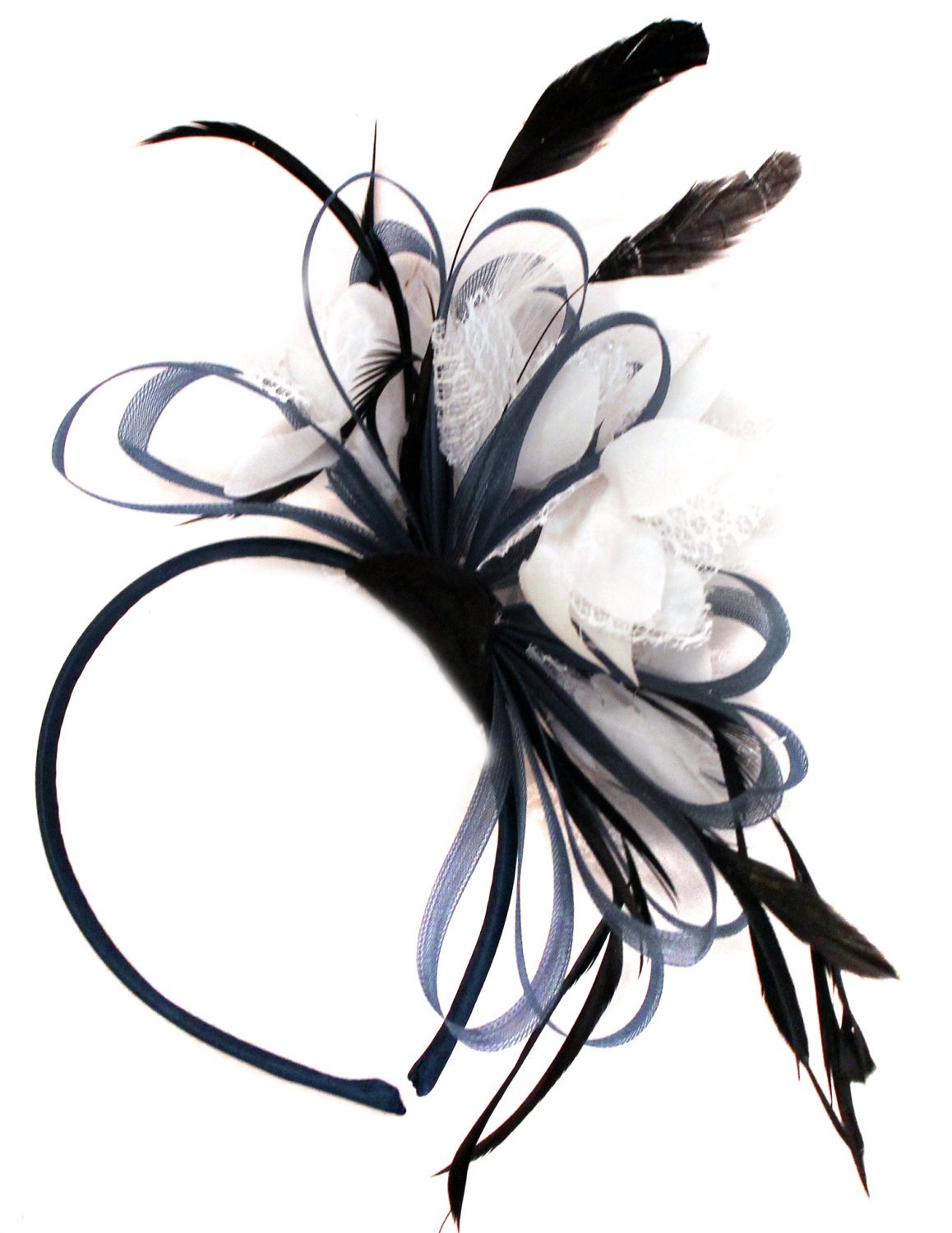 Caprilite Navy Blue Hoop & White Feathers Fascinator Headband Ascot Wedding