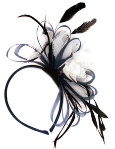 Caprilite Navy Blue Hoop & White Feathers Fascinator Headband Ascot Wedding