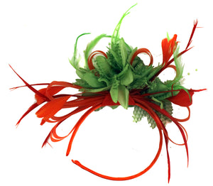 Caprilite Red Hoop & Lime Green Feathers Fascinator on Headband Ascot Wedding