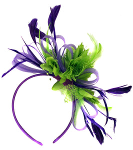 Caprilite Purple Hoop & Lime Green Feathers Fascinator On Headband