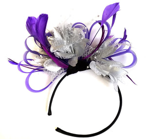 Caprilite Purple & Silver Fascinator on Headband Alice Band Wedding Ascot Races Loop Net