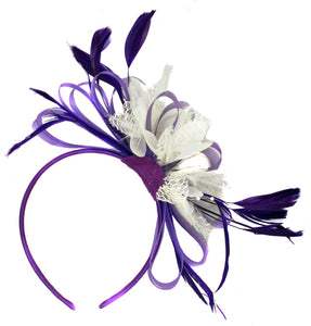 Caprilite Purple & White Fascinator on Headband Alice Band Wedding Ascot Races Loop Net