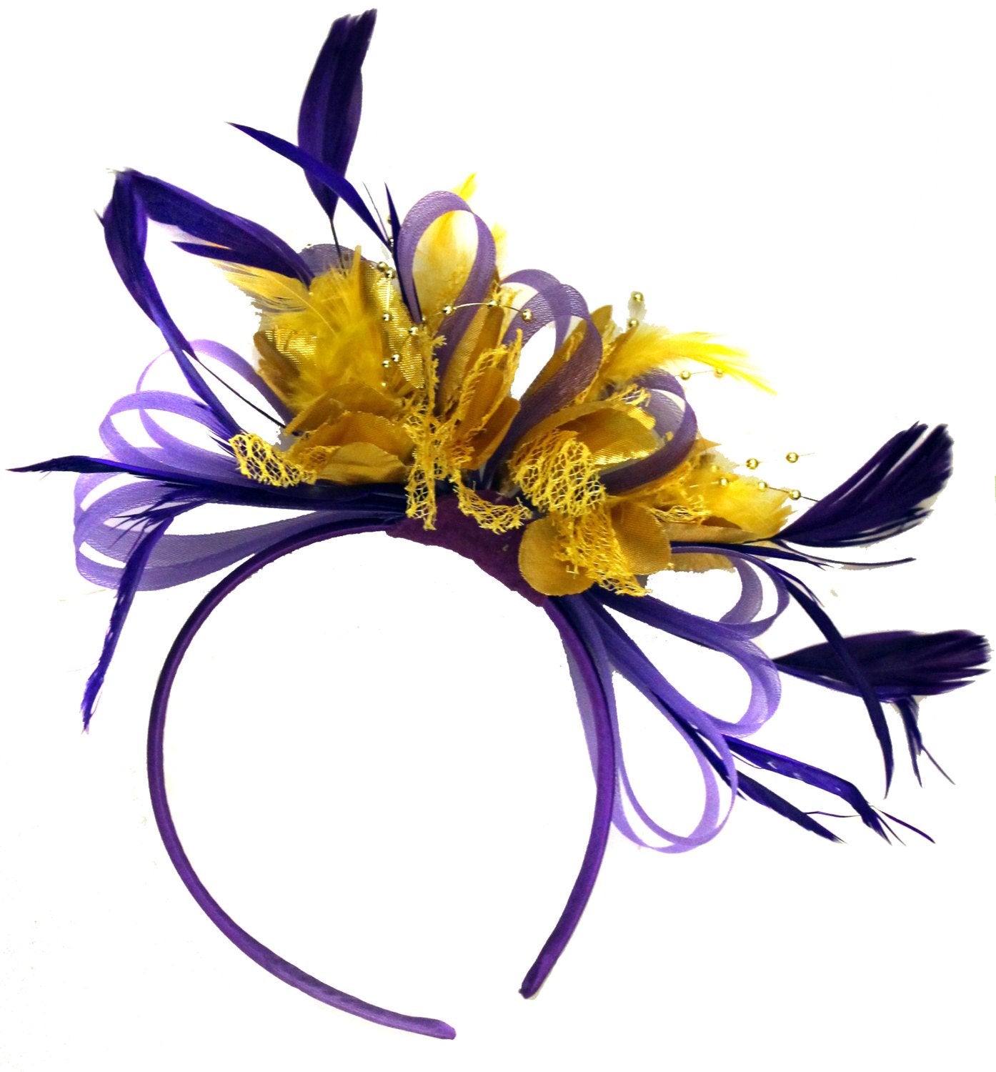 Caprilite Purple Hoop & Gold Feathers Fascinator On Headband