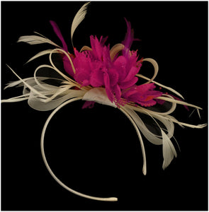 Caprilite Cream Ivory Hoop and Fuchsia Pink Feather Fascinator on Headband AliceBand UK Wedding Ascot Races Loop