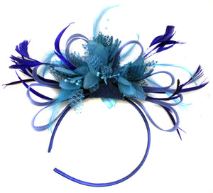 Caprilite Royal Blue Hoop and Aqua Blue Feather Fascinator on Headband AliceBand UK Wedding Ascot Races Loop
