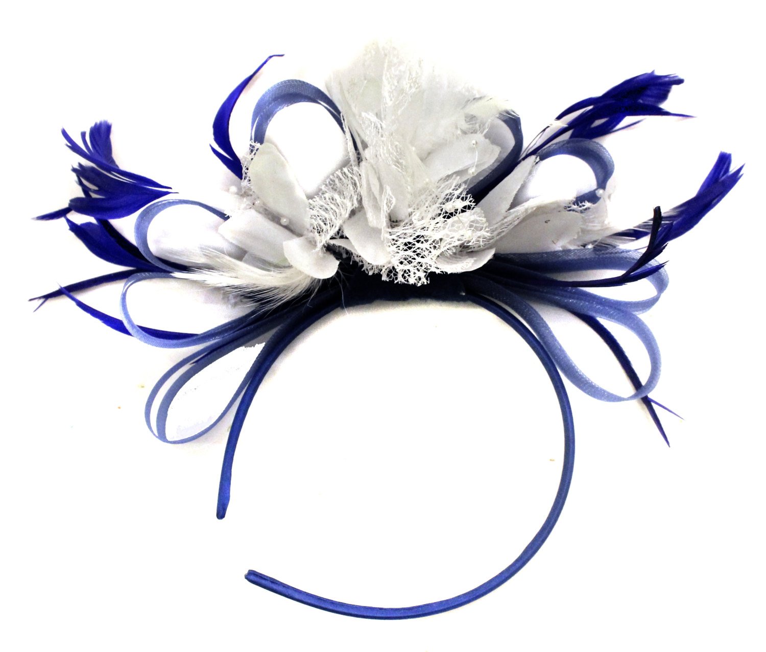Caprilite Royal Blue and White Fascinator on Headband AliceBand UK Wedding Ascot Races Loop