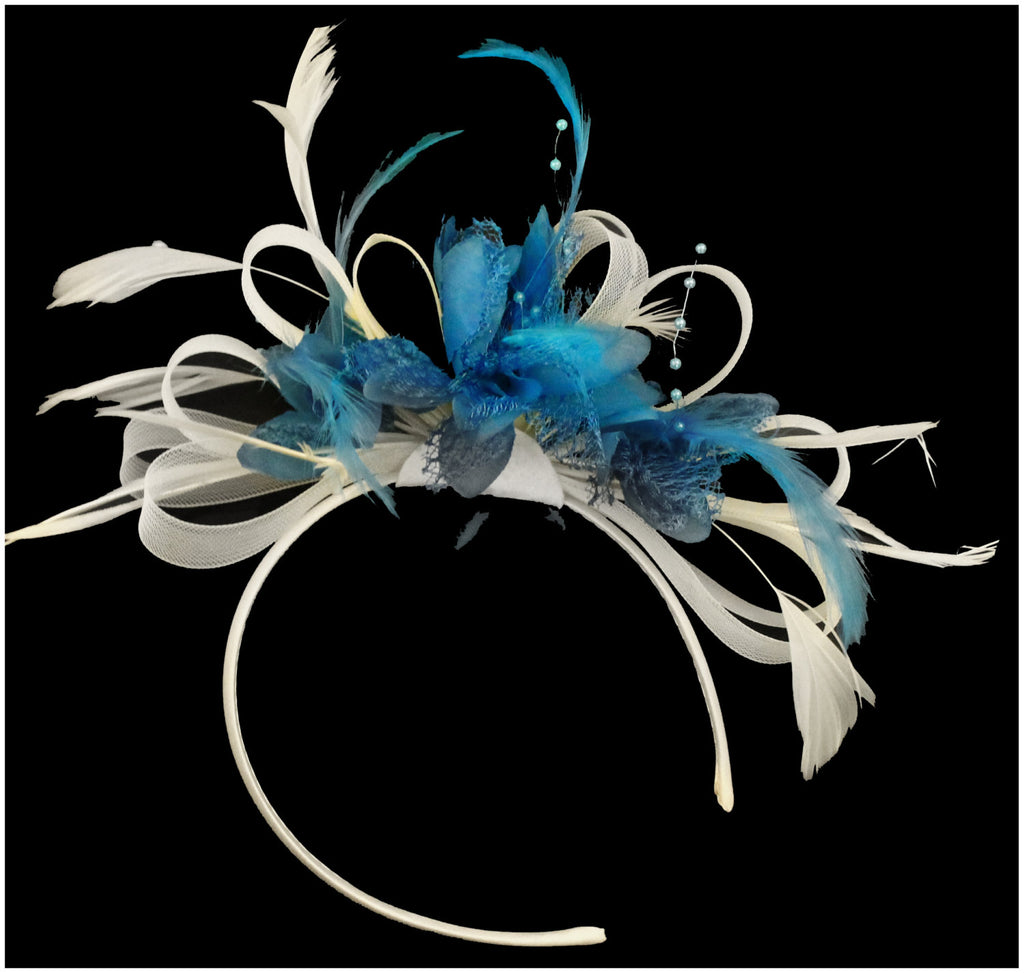 Caprilite White and Aqua Blue Hoop Fascinator On Headband Ascot Wedding Derby