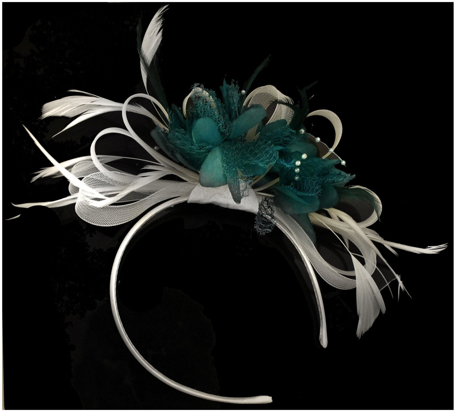 Caprilite White and Teal Hoop Fascinator On Headband Wedding Ascot
