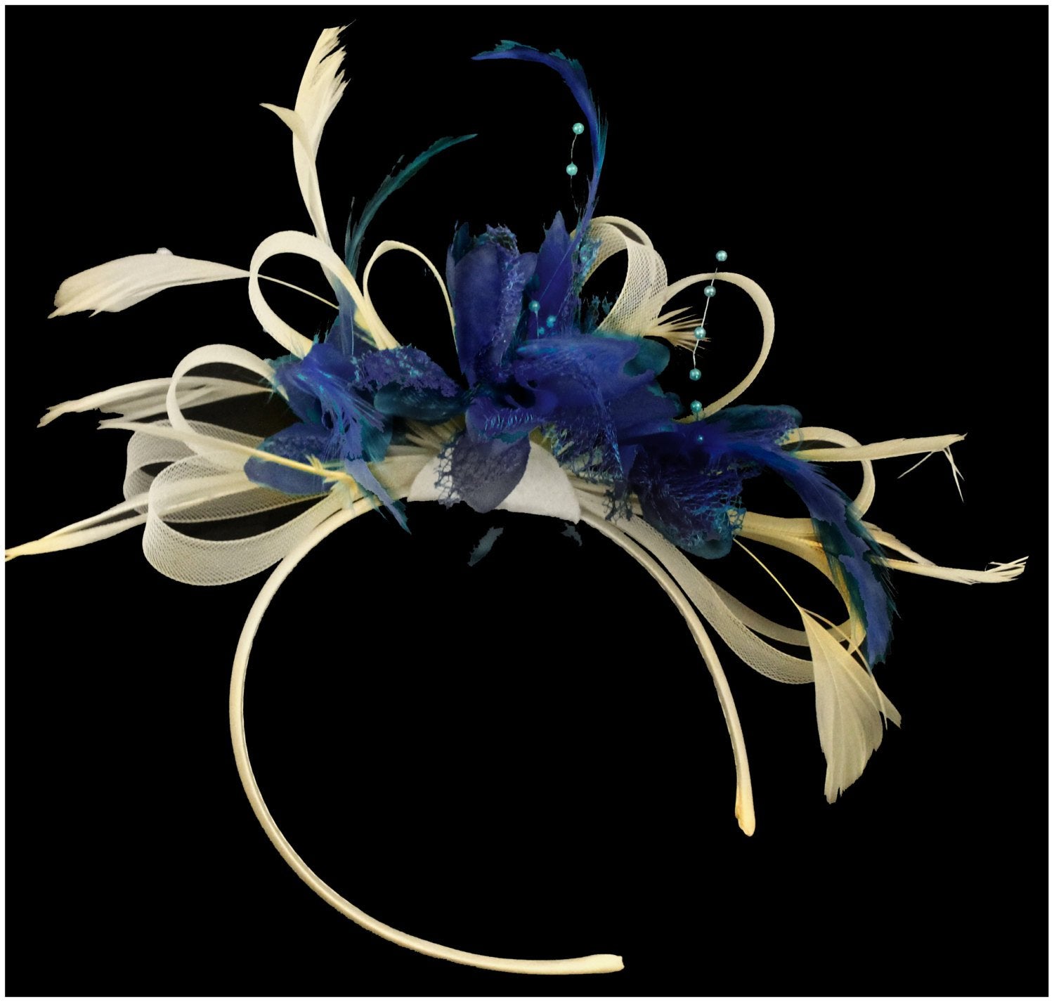 Caprilite Cream Ivory Hoop and Royal Blue Feather Fascinator on Headband AliceBand UK Wedding Ascot Races Loop