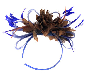 Caprilite Royal Blue Hoop and Coffee Brown Feather Fascinator on Headband AliceBand UK Wedding Ascot Races Loop