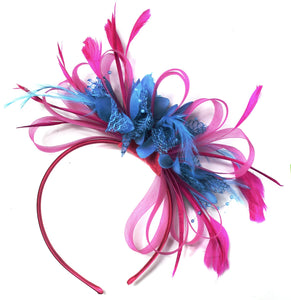Caprilite Fuchsia Pink & Aqua Blue Feathers Fascinator On Headband