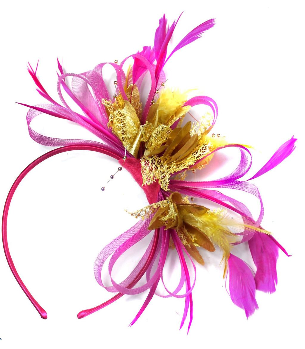 Caprilite Fuchsia Pink & Gold Feathers Fascinator on Headband Ascot Wedding