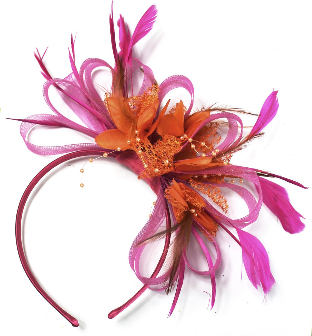 Caprilite Fuchsia Pink & Orange Feathers Fascinator on Headband Ascot Wedding
