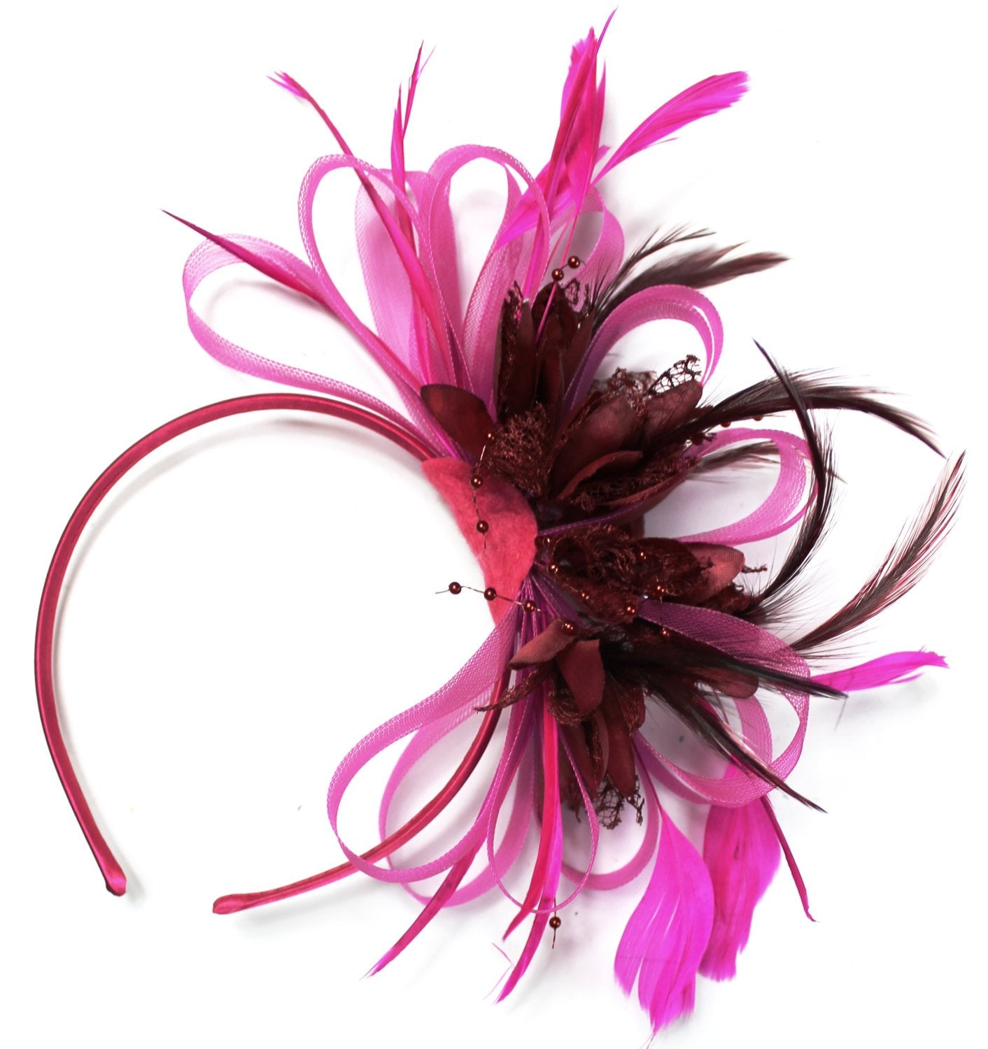 Caprilite Fuchsia Pink & Burgundy Feathers Fascinator on Headband Ascot Wedding