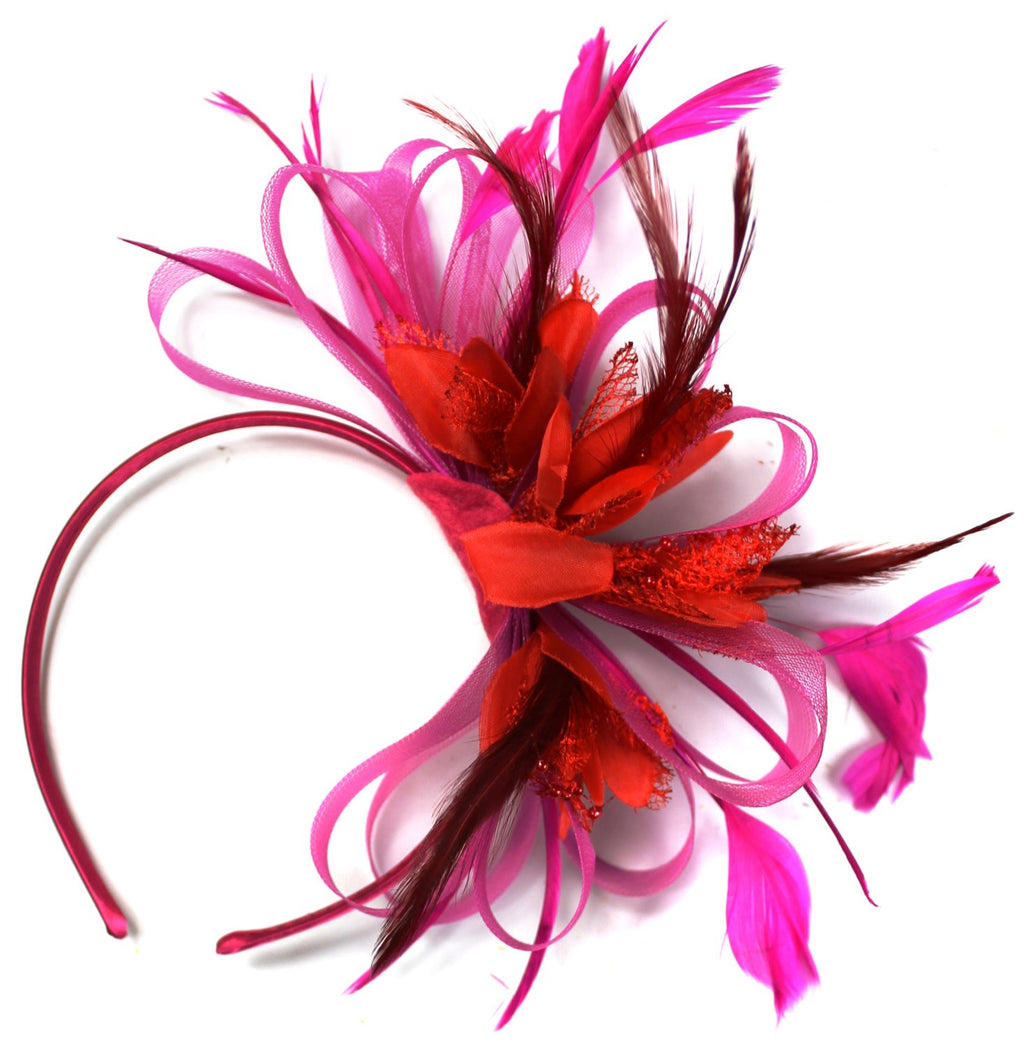 Caprilite Fuchsia Pink & Red Feathers Fascinator on Headband Ascot Wedding