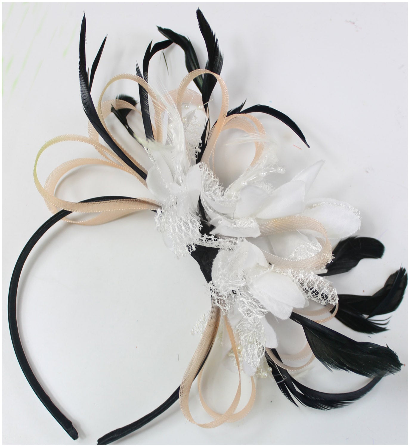 Caprilite Nude Salmon Pink & White Fascinator on Headband AliceBand UK Wedding Ascot Races Loop