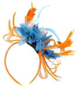 Caprilite Orange & Aqua Blue Fascinator on Headband AliceBand UK Wedding Ascot Races Loop